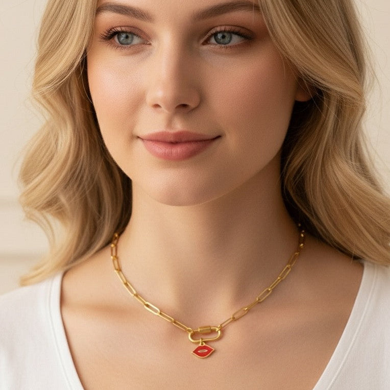 lips paperclip charm necklace