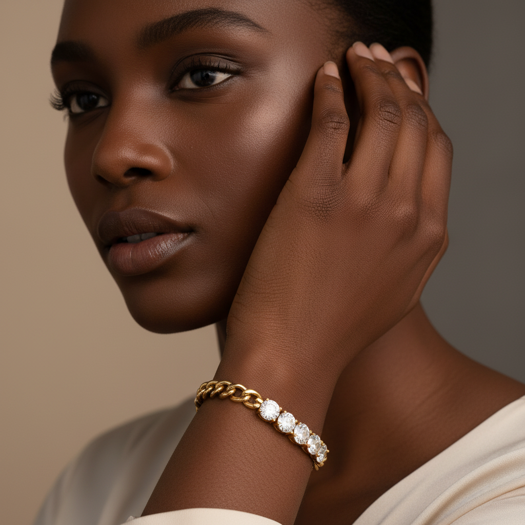 Dark-skinned woman wearing Talora bracelet