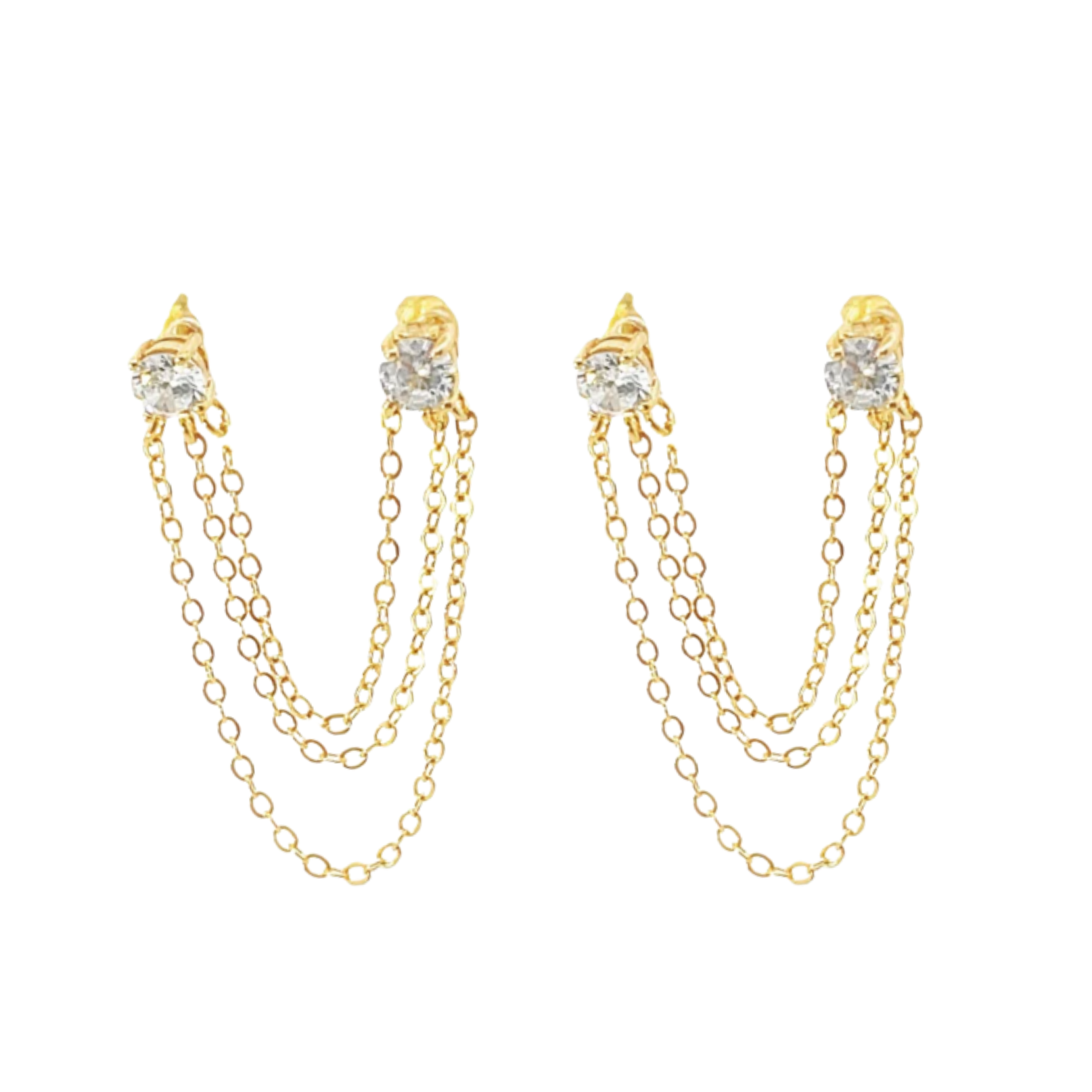 Three gold chain earrings with diamond-like stone studs on a white background from SHE DECIDES COLLECTION