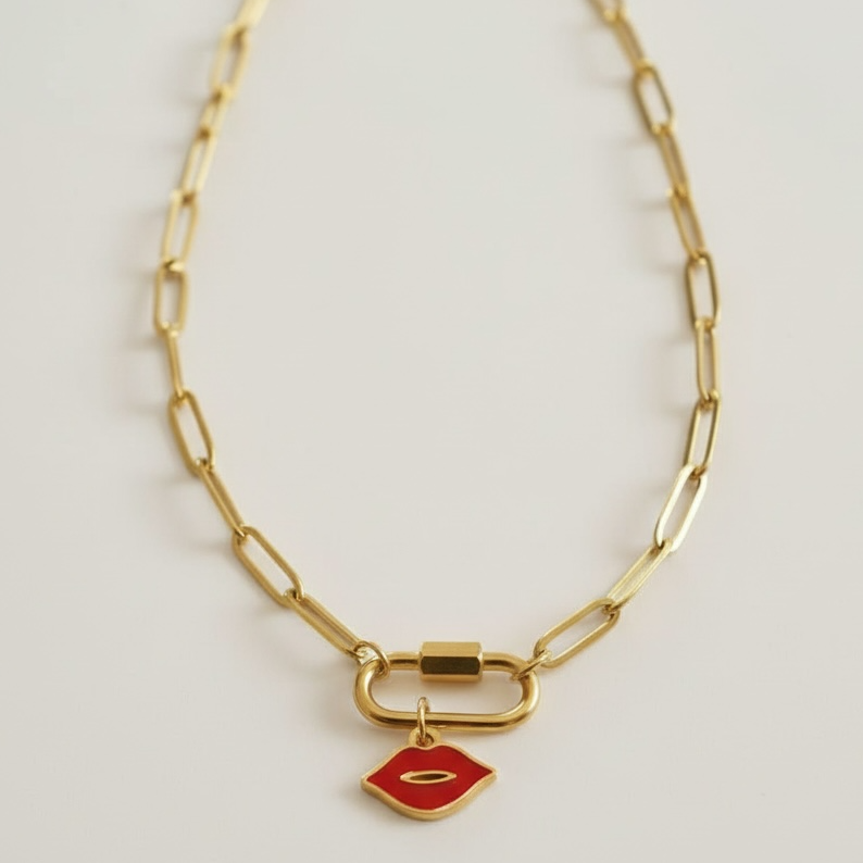 lips paperclip charm necklace