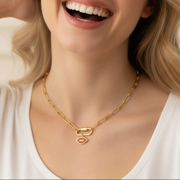 lips paperclip charm necklace