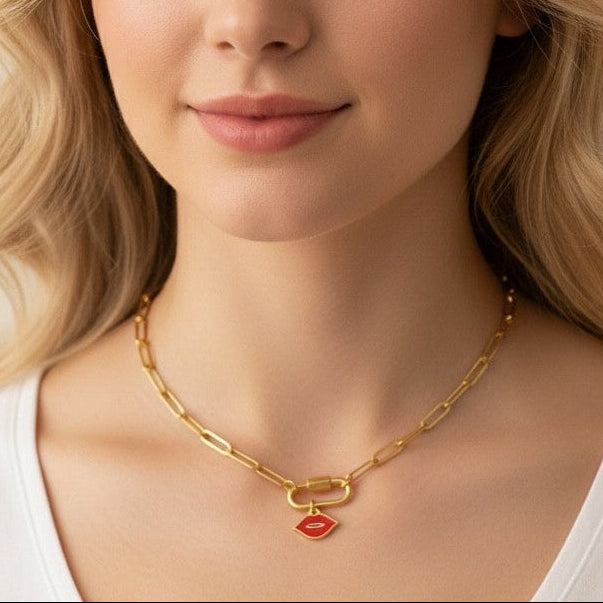 lips paperclip charm necklace