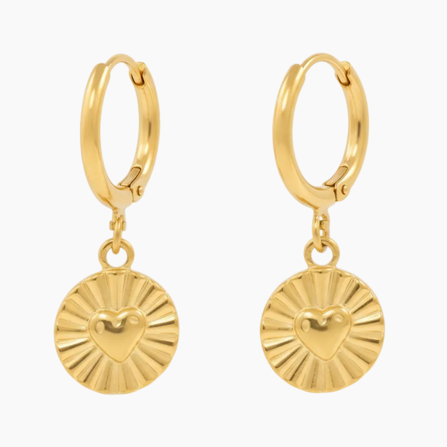 Gold sunburst heart huggie earrings