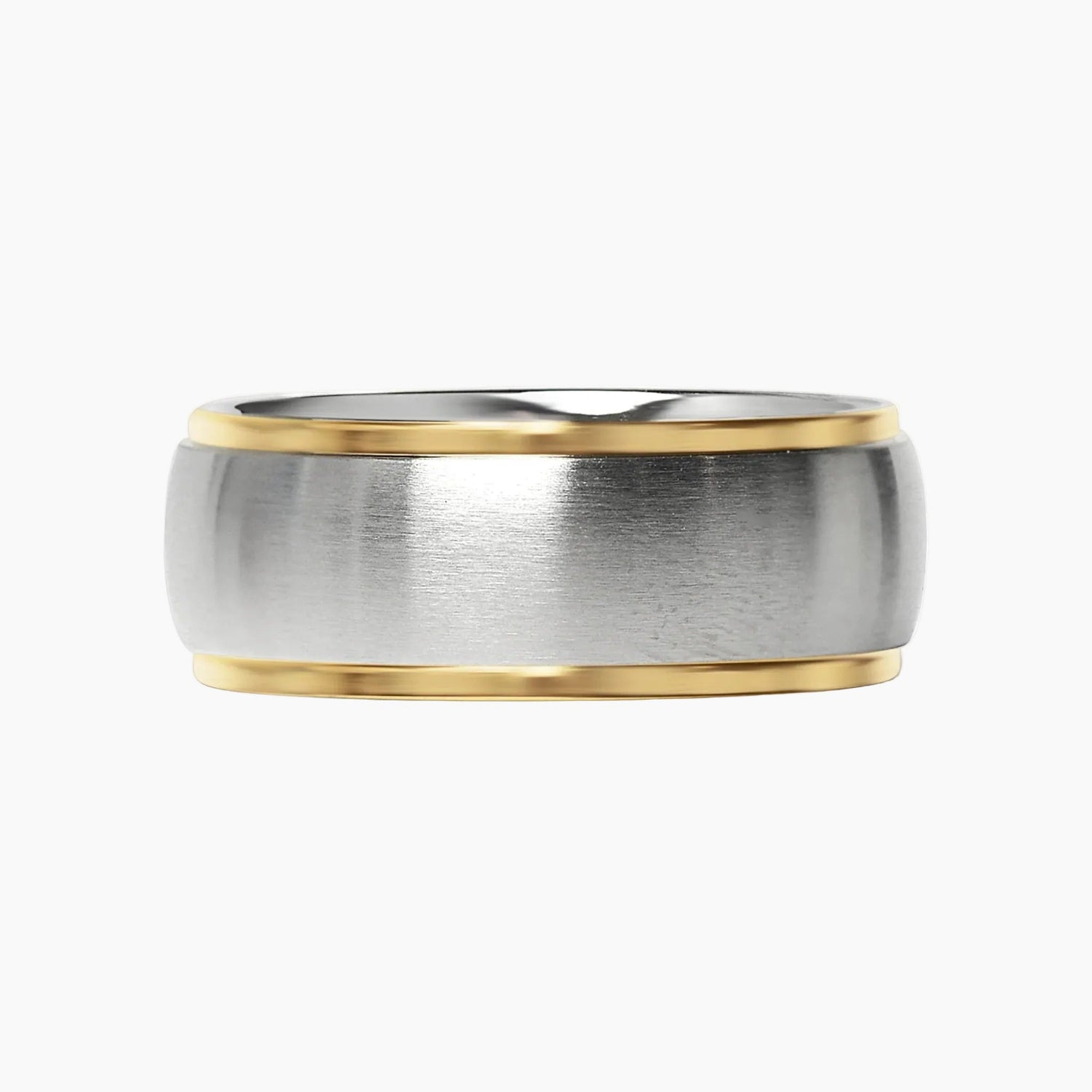 Two-tone ring with gold and silver band on a white background