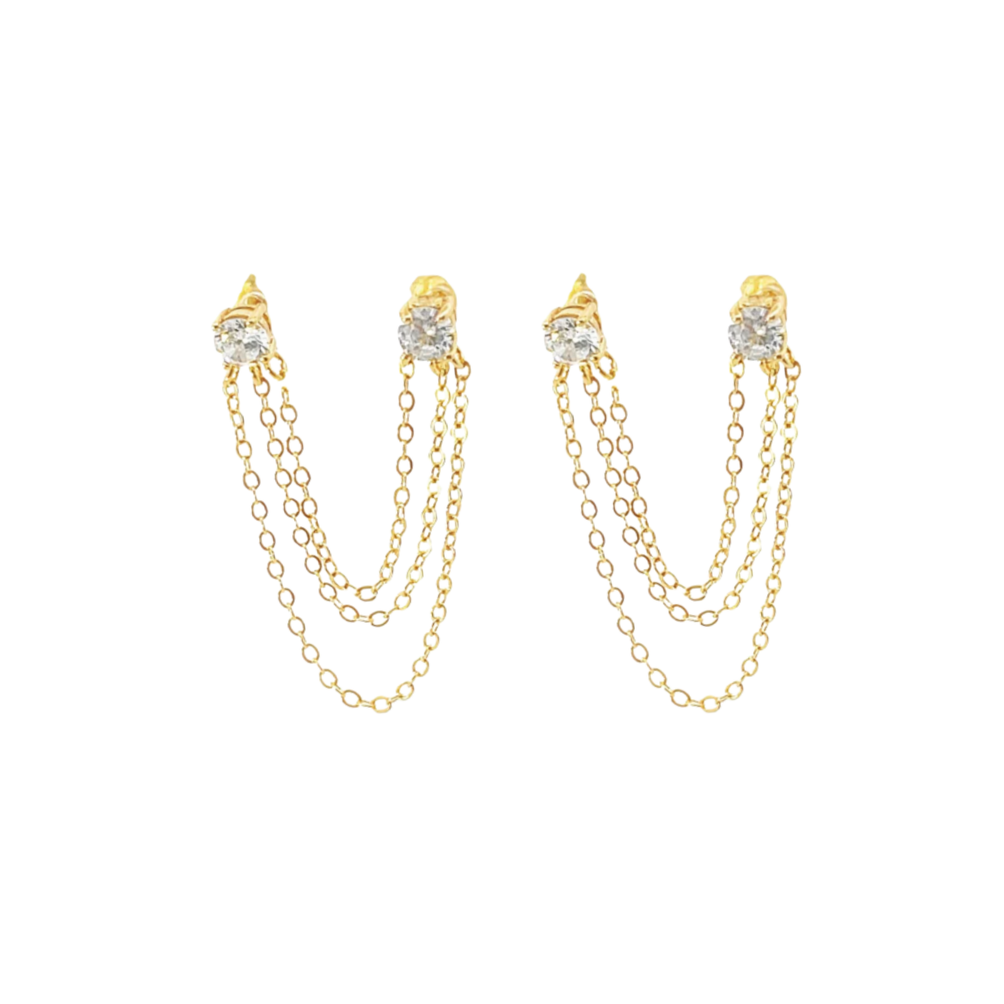 Three gold chain earrings with diamond-like stone studs on a white background from SHE DECIDES COLLECTION