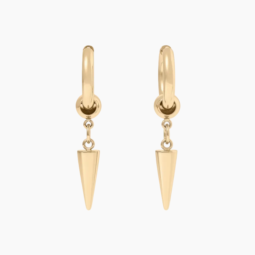 Gold steel dagger earrings with both hoops forward, no sparkle